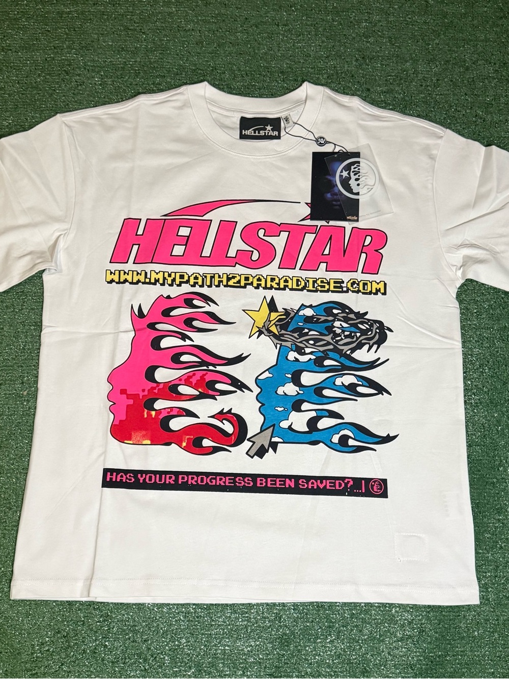 Hellstar White Short-Sleeve Graphic Tee with Pink & Blue Flame Artwork